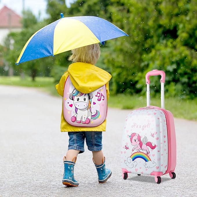 BABY JOY 2 Pcs Kids Luggage Set, 16" Carry-on Luggage Trolley Case & 12" Backpack w/Rolling Wheels, Retractable Handle, Lightweight Airline-approved Design, Kids Suitcase for Girls Boys (Pink Pony)