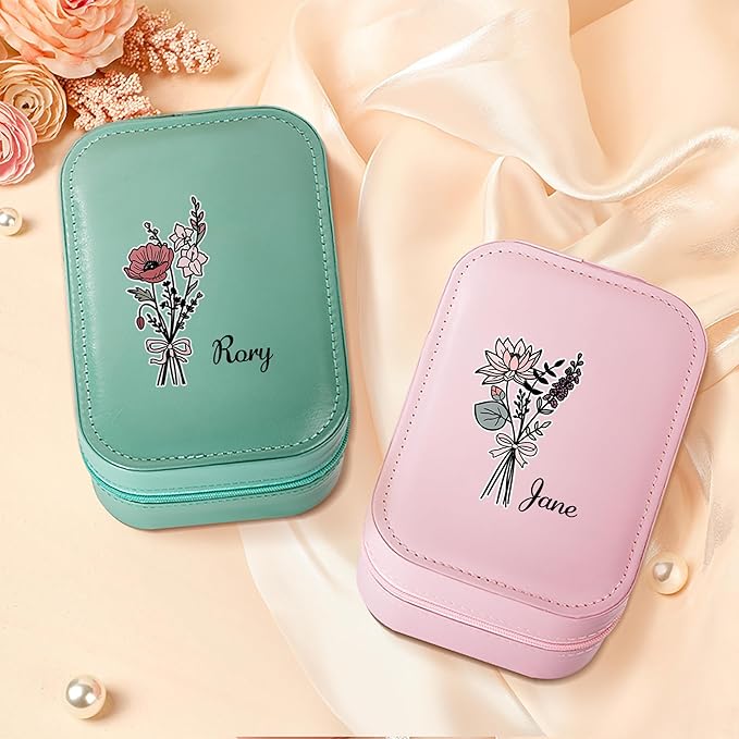 callie Personalized Birth Flower Jewelry Box with Mirror & LED 3 Adjustable Light, Custom Name - Travel Makeup Organizer Box, Birthday Christmas Gift for Women Girls