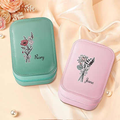 callie Personalized Birth Flower Jewelry Box with Mirror & LED 3 Adjustable Light, Custom Name - Travel Makeup Organizer Box, Birthday Christmas Gift for Women Girls