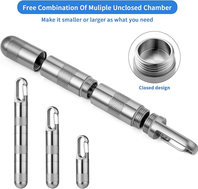 TISUR Small Titanium Pill Case,Keychain Pill Holder, Portable Pill Box Container,Travel Pill Organizer Waterproof Metal Pill Fob Bottle,Removable Compartment (Gray Titanium Large -3.26 inch)