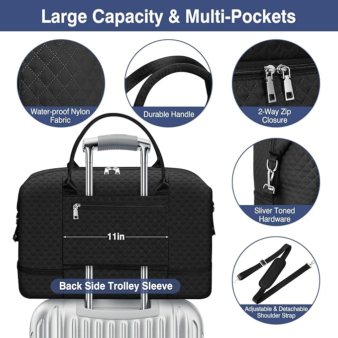 Weekender Bag for Women, Travel Duffel Bag Carry On Overnight Bag with Shoe Compartment Large Nylon Travel Weekend Tote Bag