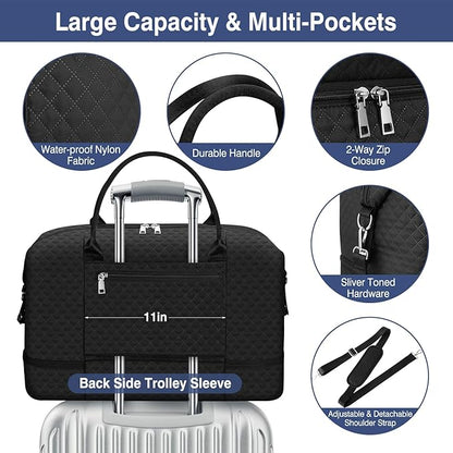 Weekender Bag for Women, Travel Duffel Bag Carry On Overnight Bag with Shoe Compartment Large Nylon Travel Weekend Tote Bag