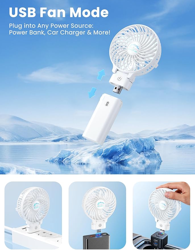HandFan 5200mAh Personal Fan Handheld,180° Foldable Hand Held, Battery Operated Rechargeable Fan, Portable Charger Design, 3 Speeds,20H Runtime for Travel/Wedding/Camping/Outdoors/Indoors (White)