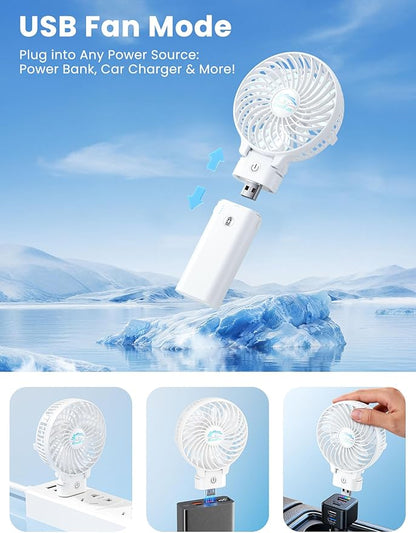 HandFan 5200mAh Personal Fan Handheld,180° Foldable Hand Held, Battery Operated Rechargeable Fan, Portable Charger Design, 3 Speeds,20H Runtime for Travel/Wedding/Camping/Outdoors/Indoors (White)