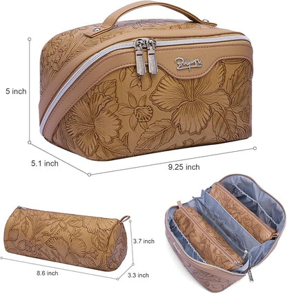 BOYATU Travel Makeup Bags Cosmetic Organizer Bag: 3-Set Large Capacity Make up Bag - PU Leather Toiletry Bags for Women - Wide Open Portable Pouch with Divider & Handle (01-Z-Brown)