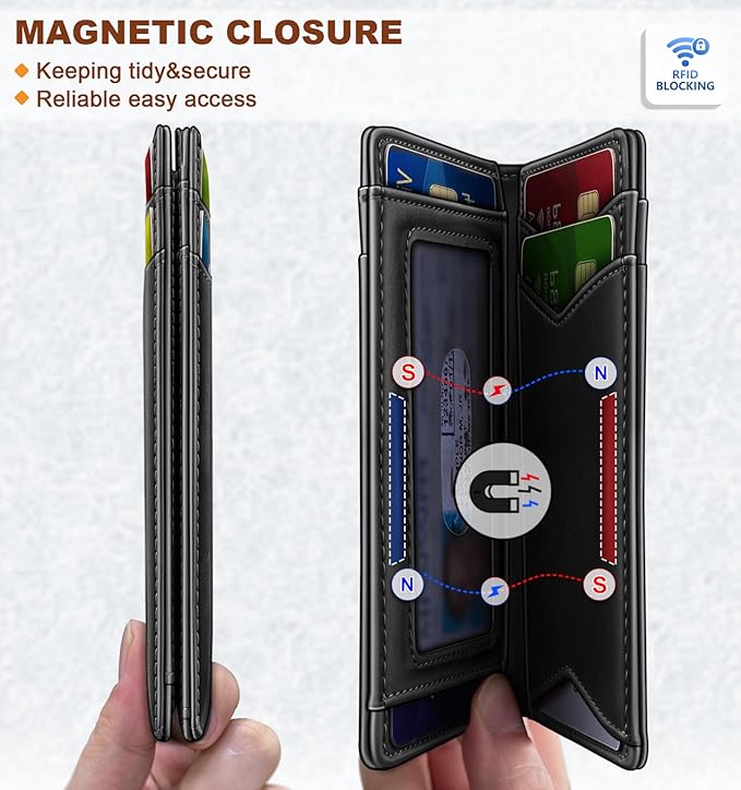 BULLIANT Men Wallet,Top Grain Leather Slim Wallet Magnetic Closure Simplifed Bill Folder RFID Blocking 11Cards