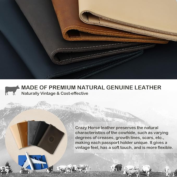 Airtag Passport Holder for Men and Women Travel, Real Leather Passport Wallet, Handmade Passport Cover Case with Airtag Slot, Travel Must Haves Essentials Accessories Birthday Gift(Crazy Horse,Coffee)