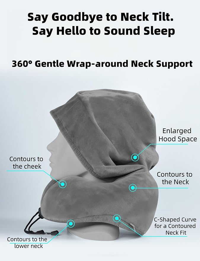 Travel Pillow with Extra Large Hood Rollable Airplant Hooded Neck Pillow with Memory Foam Filling and Removable, Skin-Friendly Cover with a Carrying Pouch