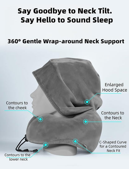 Travel Pillow with Extra Large Hood Rollable Airplant Hooded Neck Pillow with Memory Foam Filling and Removable, Skin-Friendly Cover with a Carrying Pouch