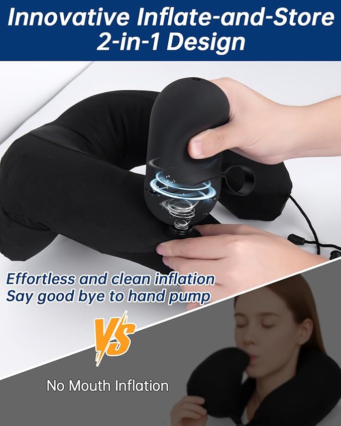 Neck Pillow for Traveling, 2-in-1 Air-Pump & Storage Bag, Inflatable Compact 360°Head Support Airplane Pillow for Travel,Train, Car - Black