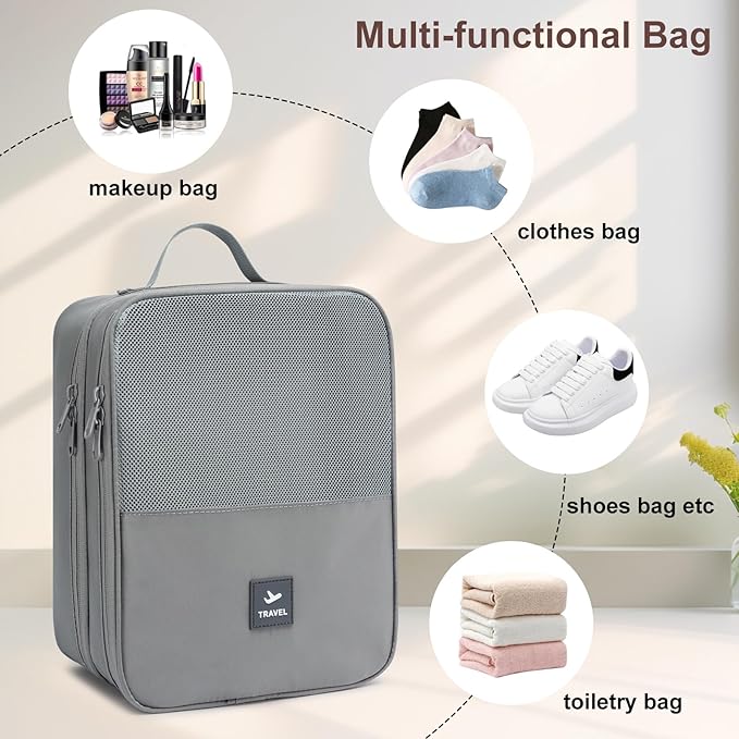 2 Layers Travel Shoe Bag, Portable Shoe Bags Hold 2 Pair Of Shoes, Water-Resistant Shoe Storage Pouch For Travel (Grey, 2 Pack)