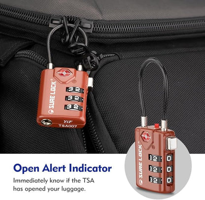 SURE LOCK TSA Approved Combination Luggage Locks with Open Alert Indicator – Durable Zinc Alloy Cable Travel Locks with Large Easy-Read Dials for Suitcases, Backpacks & Gym Bags