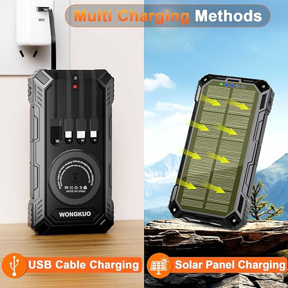 WONGKUO Solar Charger Power Bank - 49800mAh Solar Phone Charger with USB-C in/Output, QC 3.0 Fast Charging with LED Flashlight, Built-in 4 Cables, IP65 Waterproof Fits for Outdoor (Flash Black)