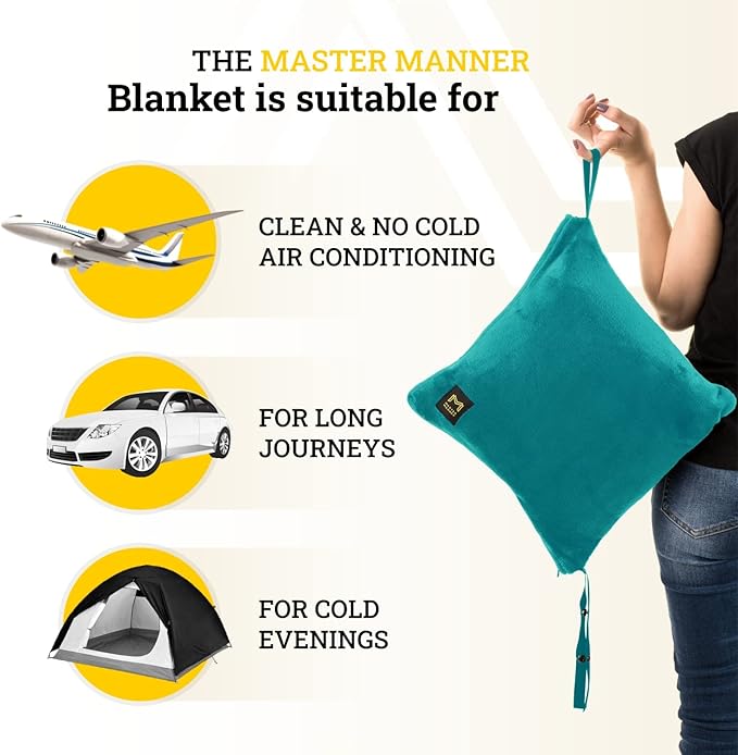 Travel Blanket Airplane Compact with Hoodie – 2in1 Airplane Travel Accessories from Plane Blanket to Travel Pillow with Luggage Strap, Soft Handle & Secure Pocket
