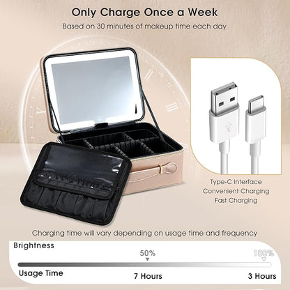 Leather Makeup Case with LED Lighted Mirror 11.4 Inch Travel Makeup Bag Adjustable Brightness in 3 Colors Cosmetic Organizer Artist Storage Bag with Dividers Brush Holder Bag Vanity Champagne Gold