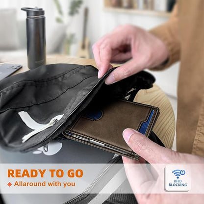 Genuine Leather Wallet for Men, Slim Bifold RFID Blocking with Zipper Coin Pocket, Minimalist Design for Travel and Daily Use (Coffee)