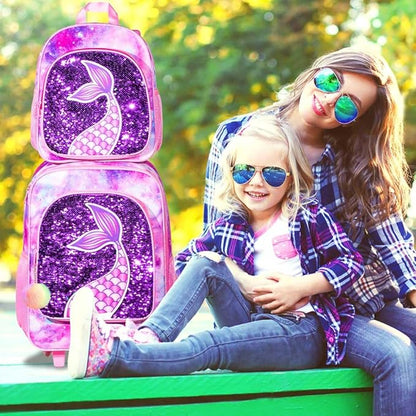 2PCS Kids Luggage, Suitcases for Girls, Carry on Rolling Luggage with Wheels, 18" Toddler Suitcase Set 12" with Sequin Backpack - Pink Mermaid