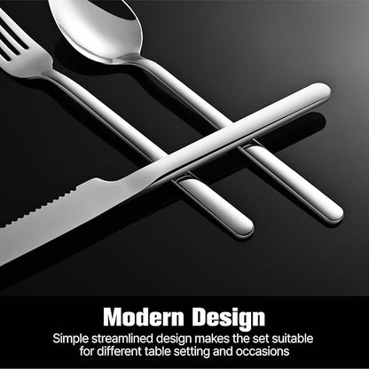 KINGSTONE 24-Piece Silverware Set with Steak Knives, Flatware Set for 4, Stainless Steel Tableware Cutlery Set for Home Restaurant, Mirror Finish,Modern Design