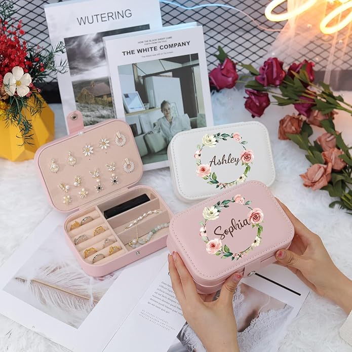 Personalized Jewelry Box for Women, Custom Travel Jewelry Case with Name and Birth Flower, Leather Jewelry Box for Rings, Earrings, Necklaces, Personalized Gifts for Women