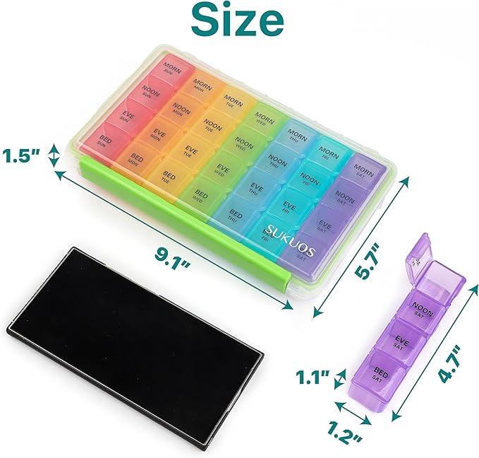 Sukuos Weekly Pill Organizer 7 Day 4 Times a Day 2 Pcs, Easy to Open Large Daily Pill Box, Moisture-Resistant Medicine Cases for Medication/Vitamin/Fish Oil/Supplements (Rainbow)