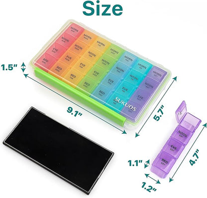 Sukuos Weekly Pill Organizer 7 Day 4 Times a Day 2 Pcs, Easy to Open Large Daily Pill Box, Moisture-Resistant Medicine Cases for Medication/Vitamin/Fish Oil/Supplements (Rainbow)
