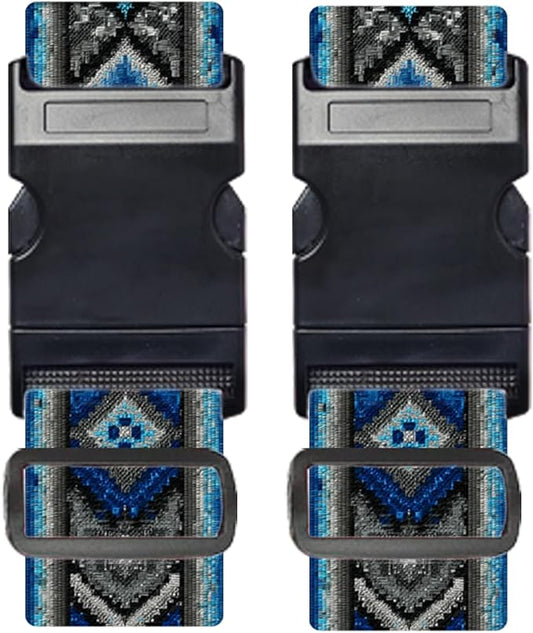 Nuxovilar Luggage Straps of 2 Set Blue and Gray Ethnic Geometric Pattern, Durable Material 1.96 * 70.86 Inches for Suitcases, Travel Decor for 22-28 Inch Luggage, Great for Cultural Trips