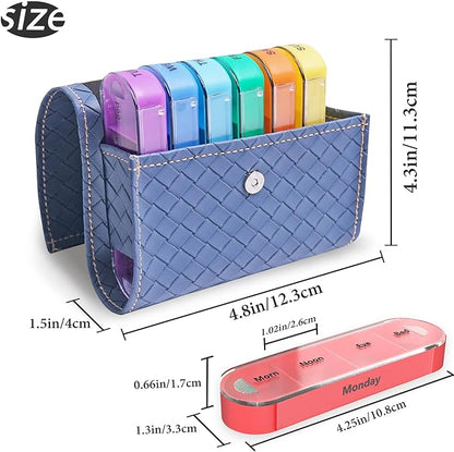 Pill Organizer,LIZIMANDU Weekly Travel Pill Case Box Medication Reminder Daily AM PM, Day Night 7 Compartments,for 4 Times A Day, 7 Days a Week-Includes Leather PU Carrying Case(1-Weave Blue)