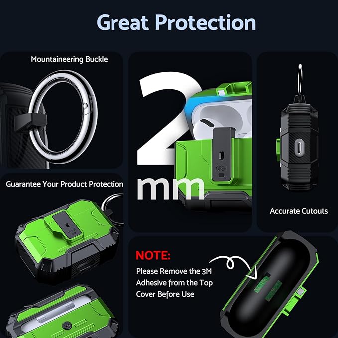 DASFOND Armor Earphone Cover Case for Airpods Pro, Military Grade Full Body Shockproof Protection Hard Case, Support Wireless Charging with Keychain, Magnetic Lid, Front LED Visible, Grass Green