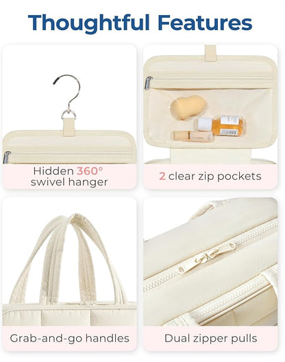 BAGSMART Travel Toiletry Bag with Jewelry Organizer, Hanging Travel Bag for Toiletries, Puffy Makeup Cosmetic Bag Organizer, Carry-on Travel Accessories Essentials, Beige-L