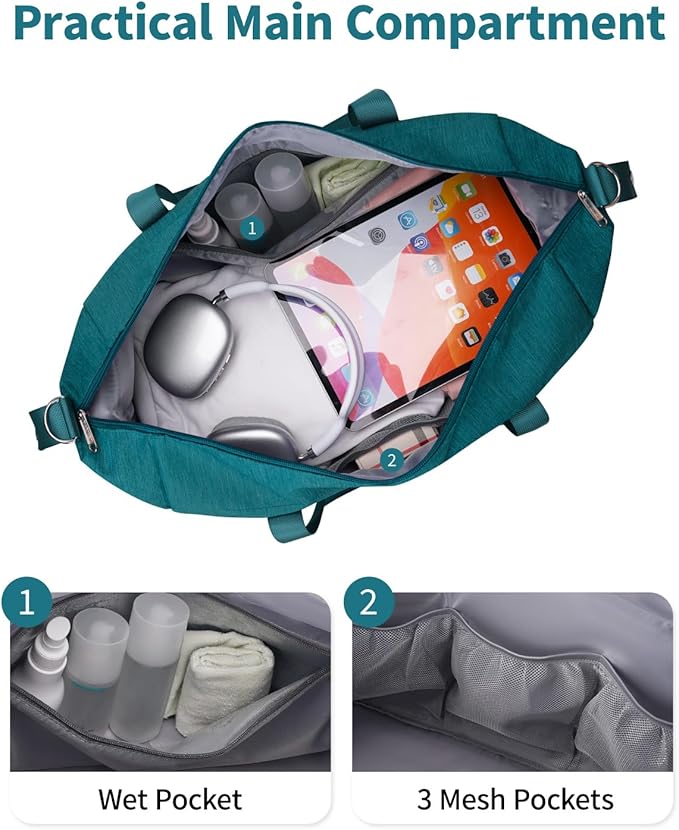 Narwey Carry on Bag 22x14x9 Airlines Approved Travel Duffel Bag Duffle Bag with Wet Pocket Overnight for Women and Men 40L (Teal)