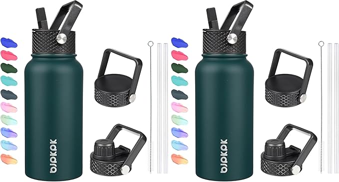 BJPKPK Insulated Water Bottles with Straw Lid, 27oz Stainless Steel Water Bottle with 3 Lids, Leak Proof BPA Free Metal Thermos Mug, Sports Water Bottle Keep Cold & Hot- Army Green (Pack of 2)