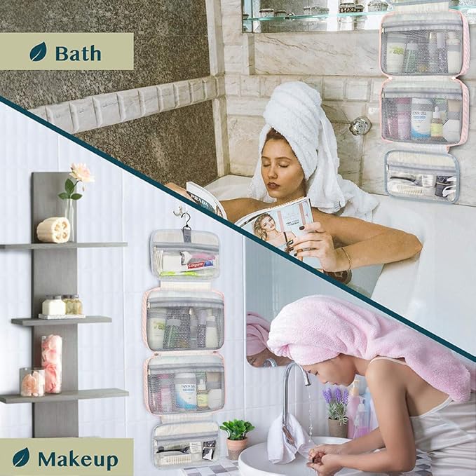 PAVILIA Hanging Toiletry Bag Travel Bag Women Men, Foldable Cosmetic Organizer, Roll up Makeup Bag, Water Resistant Accessories Toiletries, Large Travel Essentials Kit (Pink Stripe)