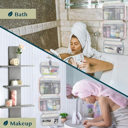 PAVILIA Hanging Toiletry Bag Travel Bag Women Men, Foldable Cosmetic Organizer, Roll up Makeup Bag, Water Resistant Accessories Toiletries, Large Travel Essentials Kit (Pink Stripe)