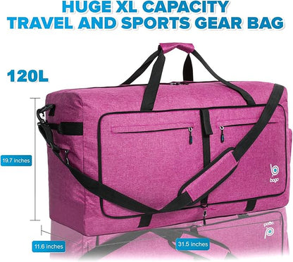 Bago Large Foldable Duffel Bags for Traveling Women & Men - 120L Packable Duffle Bag for Travel with Shoe Compartment - Water Repellant, Heavy Duty, Lightweight Folding & Collapsible (SnowPink)