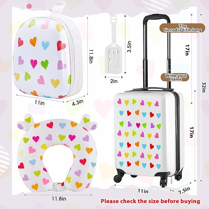 Sanwuta 4 Pcs Kids Luggage Set Backpack Travel Rolling Suitcase U-shape Pillow Christmas Children Gift for Girls Boys(17 Inch,Heart Style,White)