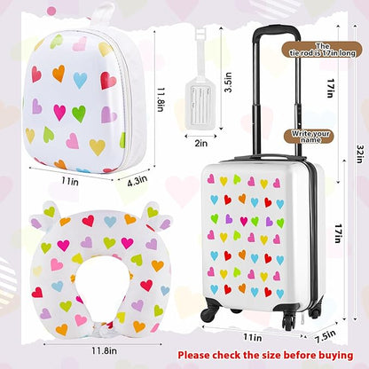 Sanwuta 4 Pcs Kids Luggage Set Backpack Travel Rolling Suitcase U-shape Pillow Christmas Children Gift for Girls Boys(17 Inch,Heart Style,White)
