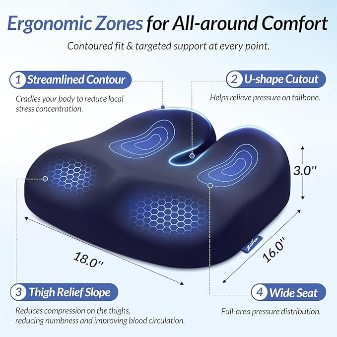 ZIKEE Ergonomic Seat Cushion with Thigh Relief Slope, Office Chair Cushion with Premium Memory Foam for Car, Home, U-Shaped Design Alleviates Hip, Tailbone Pain, Anti-Slip Sciatica Pain Relief Pillow