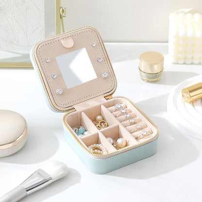 Genuine Leather Travel Jewelry Case Organizer with Mirror for Women, Small Jewelry Box Portable Mini Jewelry Case for Earring, Ring, Necklace, Bracelet（Lychee Grain Ivory White）