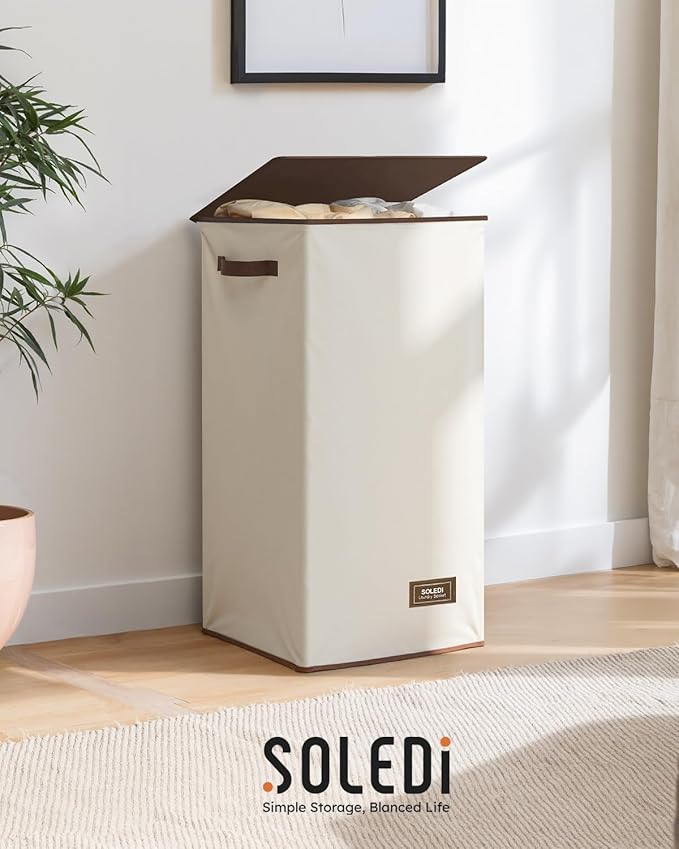 SOLEDI Clothes Hamper with Lid - 100L XL - Large Laundry Basket with Removable Bag, Collapsible Laundry Baskets, Convenient Storage - Hampers for Laundry for Bedroom, Bathroom, Closet, Dorm, Off-White