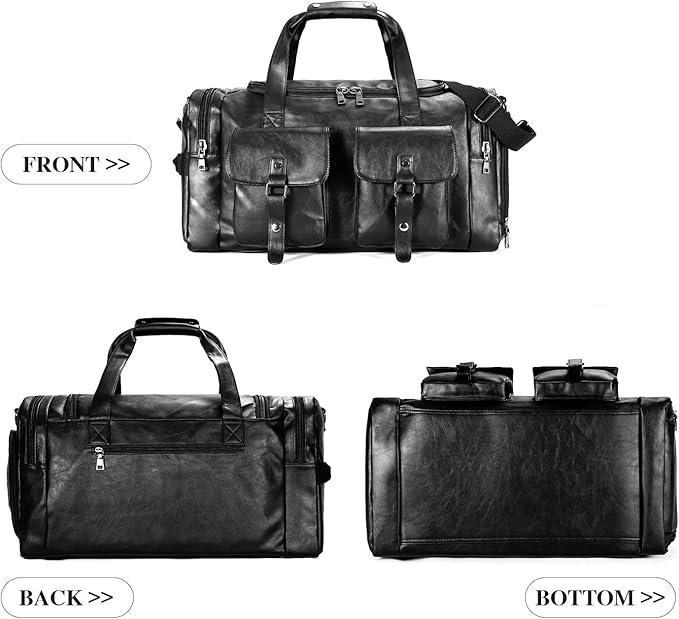 Zeroway Travel Duffel Bag with Shoe Pouch, PU leather Carry on Bag Weekender Overnight Bag for Men Women Black