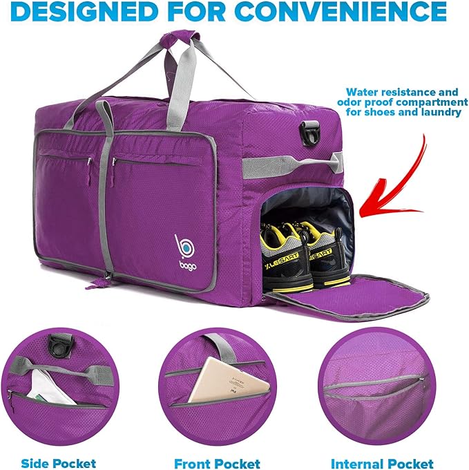 Bago Large Foldable Duffel Bags for Traveling Women & Men - 100L Packable Duffle Bag for Travel with Shoe Compartment - Water Repellant, Heavy Duty, Lightweight Folding & Collapsible (Purple)