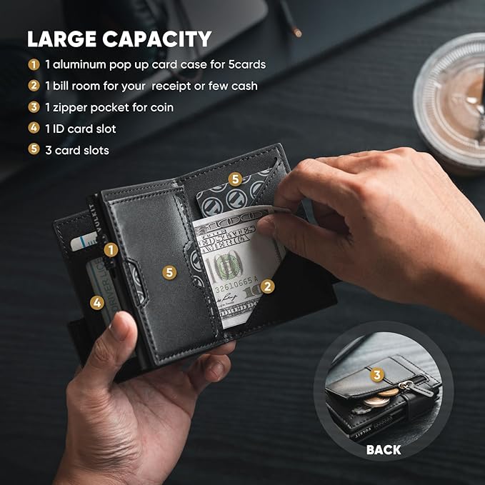 VULKIT Card Holder Bifold Pop Up Leather Wallet for Men RFID Blocking Metal Card Case, Holds 9 Cards and Banknotes Black