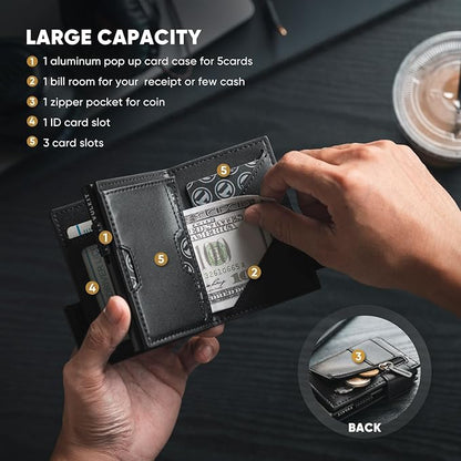 VULKIT Card Holder Bifold Pop Up Leather Wallet for Men RFID Blocking Metal Card Case, Holds 9 Cards and Banknotes Black