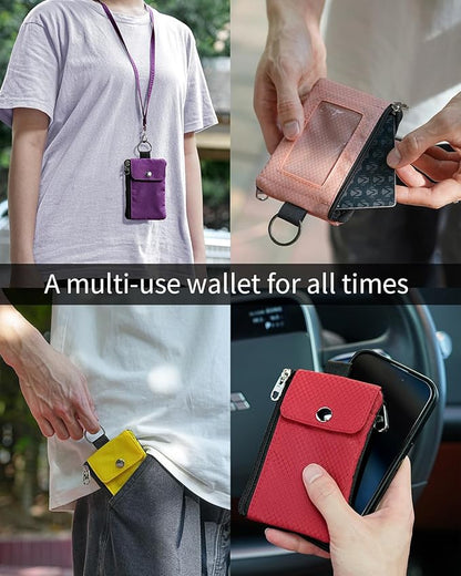 Minimalist Wallet For Mens Womens, Keychain RFID Blocking Zipper Small Wallet with ID Window 2 Lanyards,Water Resistant Travel Cash Card Coin Case Boys Girls