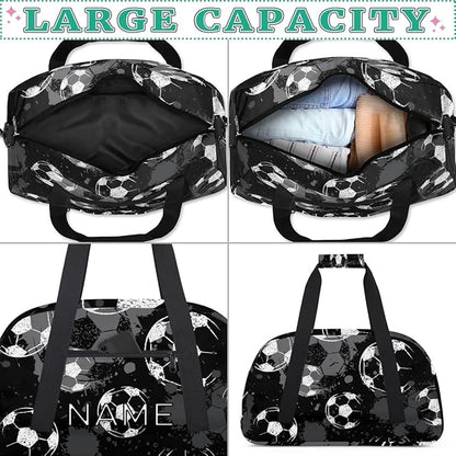 Personalized Kids Duffel Bag for Girls Boys Traveling Football Soccer Pattern Small Sport Gym Bag Custom Overnight Weekender Tote Bag Carry on Teen Dance Bag for Gymnastic Ballet