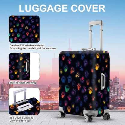 ANNA QUEEN Glow in the Dark Paw Prints Luggage Cover, Vibrant Rainbow Paw Design, Stretchable, Washable Travel Protector for 20-34 Inch Suitcases