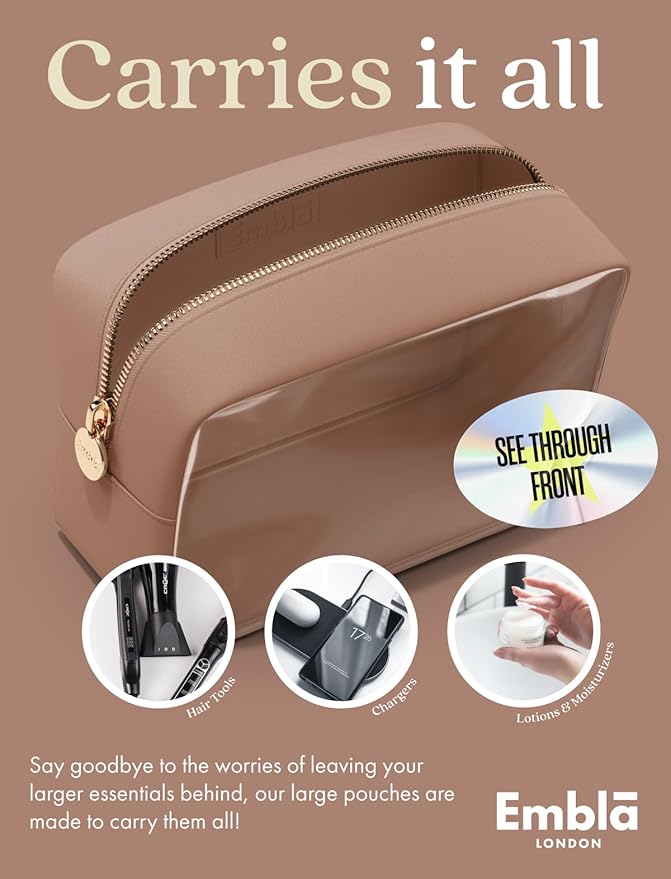 Embla London Makeup Bag Cosmetic Case, Clear Zipper Make Up Pouch and Toiletry Travel Tote, Cute Skincare Pouches for Women Girls, Preppy Purse Cosmetic Organizer, Large Makeup Bags, Mocha Mousse