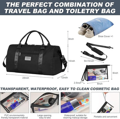 Large Travel Duffel and Small Crossbody Bag, Sports Tote Gym Yoga Airplane Carry-on, Extra Shoe with Clear Makeup Bag, Overnight for Men and Women, Black