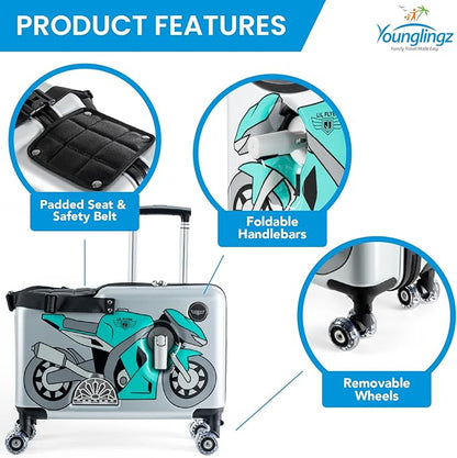 Younglingz LIL FLYER GO Version 2 Ride On Suitcase for Kids | Carry On Luggage with Toddler Seat, Foldable Handlebars, Pedals, and Removable Wheels | Holds up to 80 lbs | Green Motorcycle | Ages 2-6