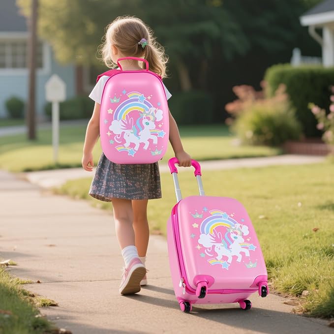 KOTEK Kids Carry On Luggage Set, 16" Hardside Rolling Suitcase with Spinner Wheels, Travel Rolling Luggage for Boys Girls (Rose Unicorn)